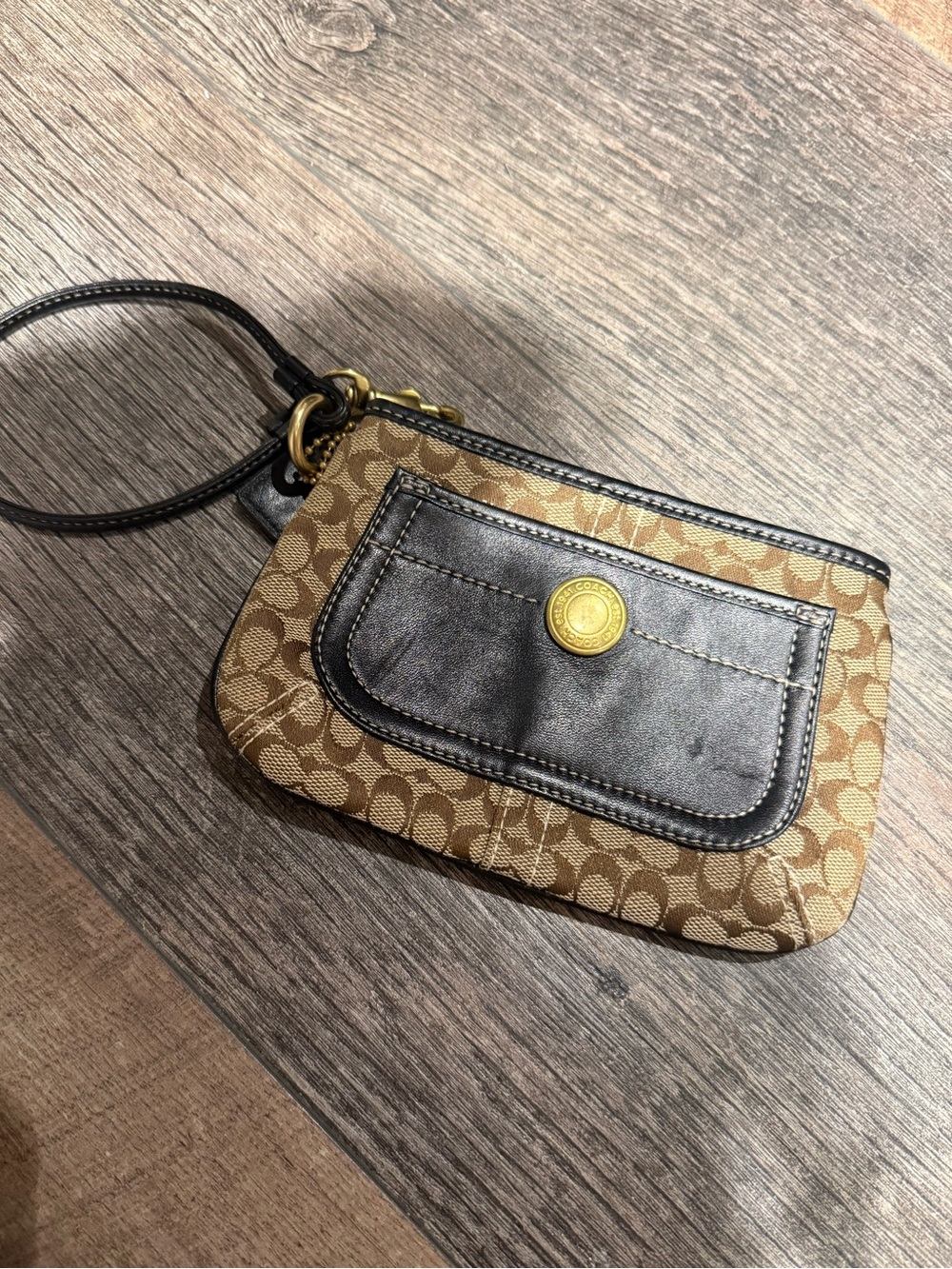Coach Brown Signature Canvas Wristlet with Black Leather Pocket, like new